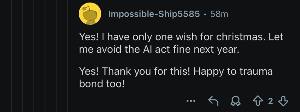 Image showing a Reddit user describing their Christmas wish to avoid AI Act fines.