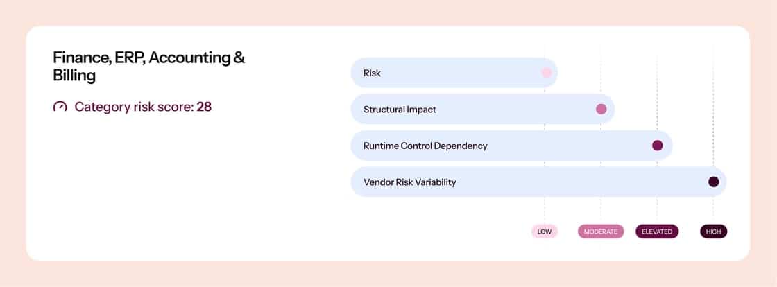 Risk assessment chart for Finance, ERP, Accounting & Billing showing four risk categories with severity levels from low to high.