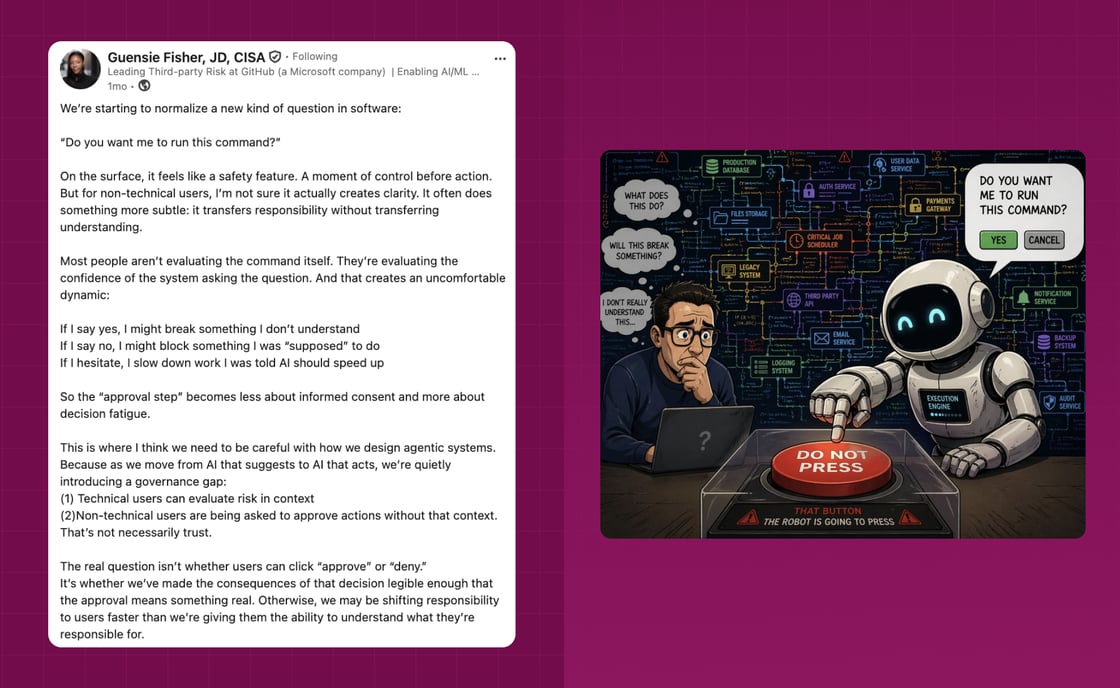 Quote card from Guensie Fisher on AI approval prompts and governance gaps in agentic systems.
