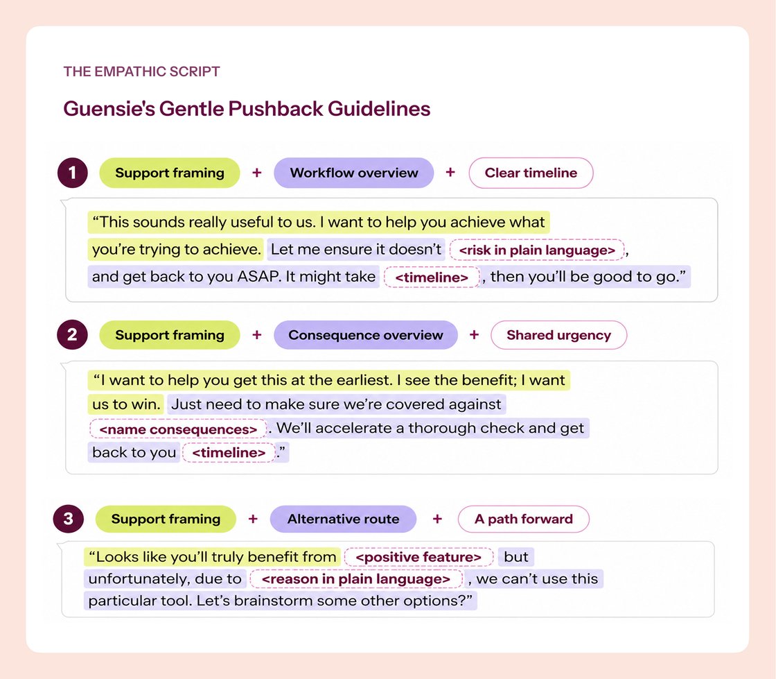 Three gentle pushback scripts for security conversations: support framing, workflow/consequence overview, and alternative routes.